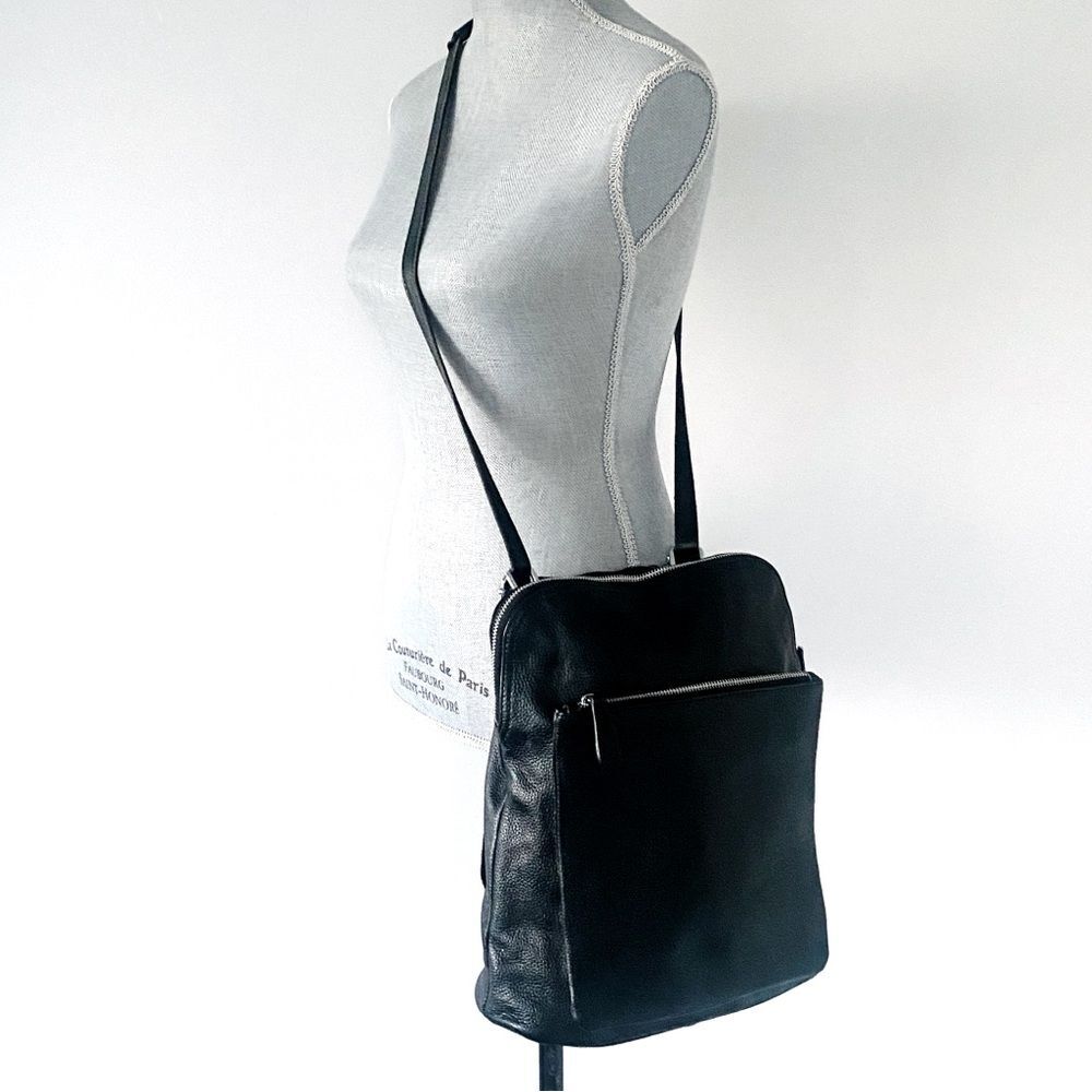 HESHE Black Pebble Leather Three Ways Bag Backpack Crossbody City Minimalist - Picture 4 of 11